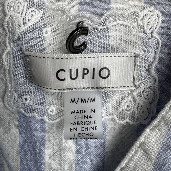 Cupio  Women's Medium Blue Striped V Neck Button Up Front Pocket Linen Blend Top - Picture 9 of 16